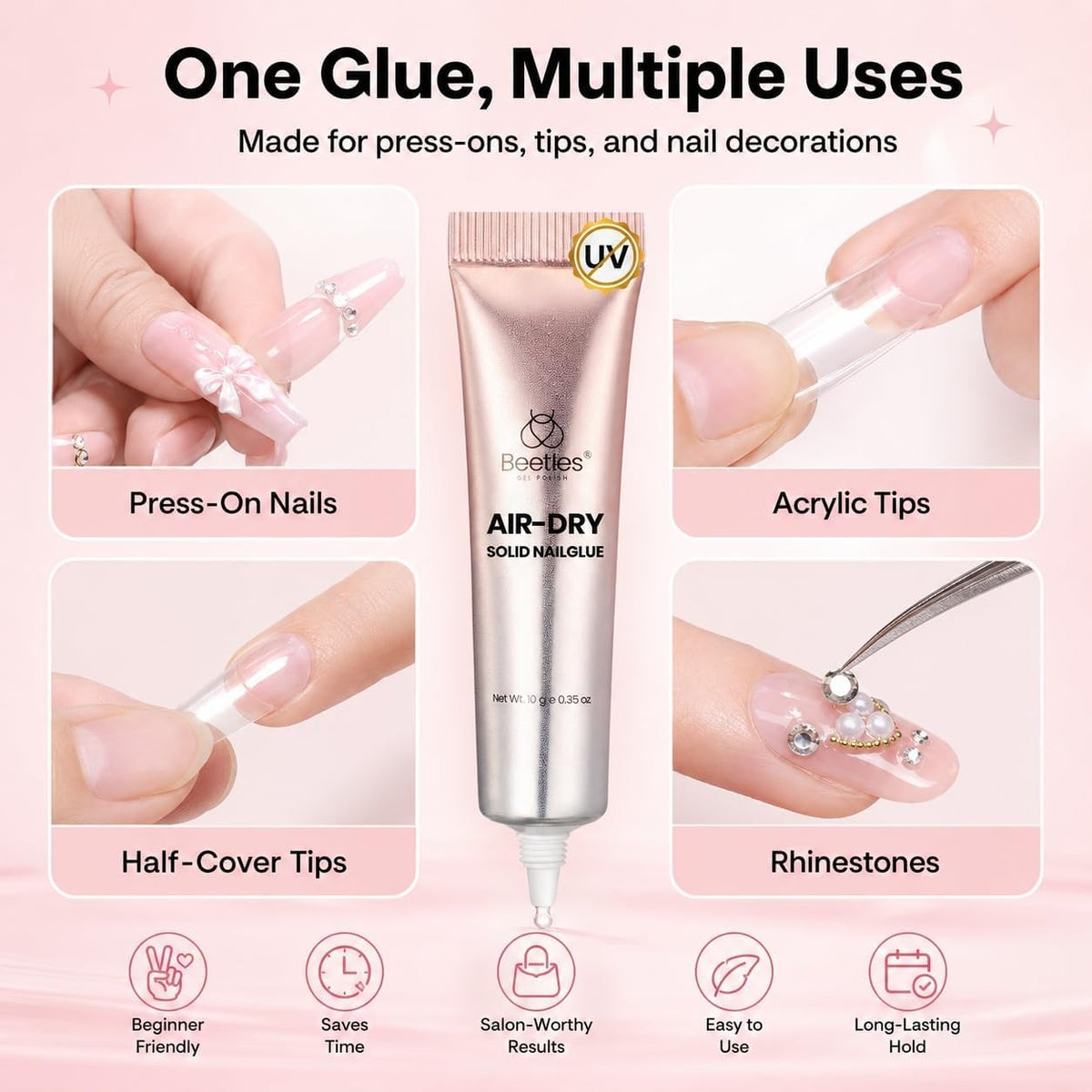Beetles Semi Solid Nail Glue, 10g Super Strong Nail Glue for Press Ons | No UV Lamp Needed, Air-Dry Formula with Gap-Filling Texture for Easy Control, Quick-Drying Long-Lasting Hold
