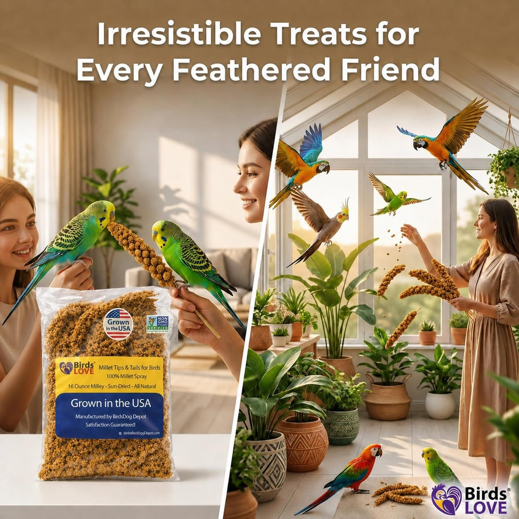 Birds LOVE® Millet Tips & Tails for Birds – Premium Spray Millet Treat, Non-GMO, USA Grown – Natural Bird Food for Parakeets, Cockatiels, Budgies, Lovebirds, Finches, Canaries & Parrots – 1 lb