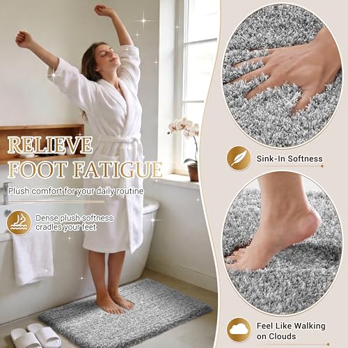 Yimobra Bathroom Rugs Non Slip Washable, Ultra Soft and Water Absorbent Bath Mats, Fluffy Shower Mat Outside, Plush Matts for Bathroom Floor/Sink, 24X17, Home Decor Accessories, Light Gray and White