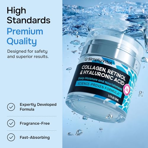 SimplyVital Face Moisturizer Retinol Collagen Hyaluronic Acid Cream 1.7 oz | Anti-Aging, Moisturizer Face Cream for Women & Men, Visibly Firming, Hydrating Neck Care, Day & Night Skin Care, Silky Feel
