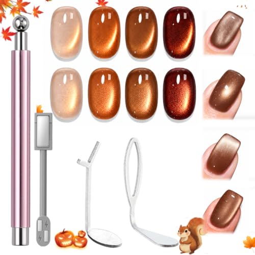 Modelones Cat Eye Magnet for Fall Brown Cat Eye Gel Polish 5PCS | 3-in-1 Dual-head Magnet Pink Nail Magnet for Cateye Gel Polish, Side Light Wide Light Glass Glow Effects DIY Nail Art Tool