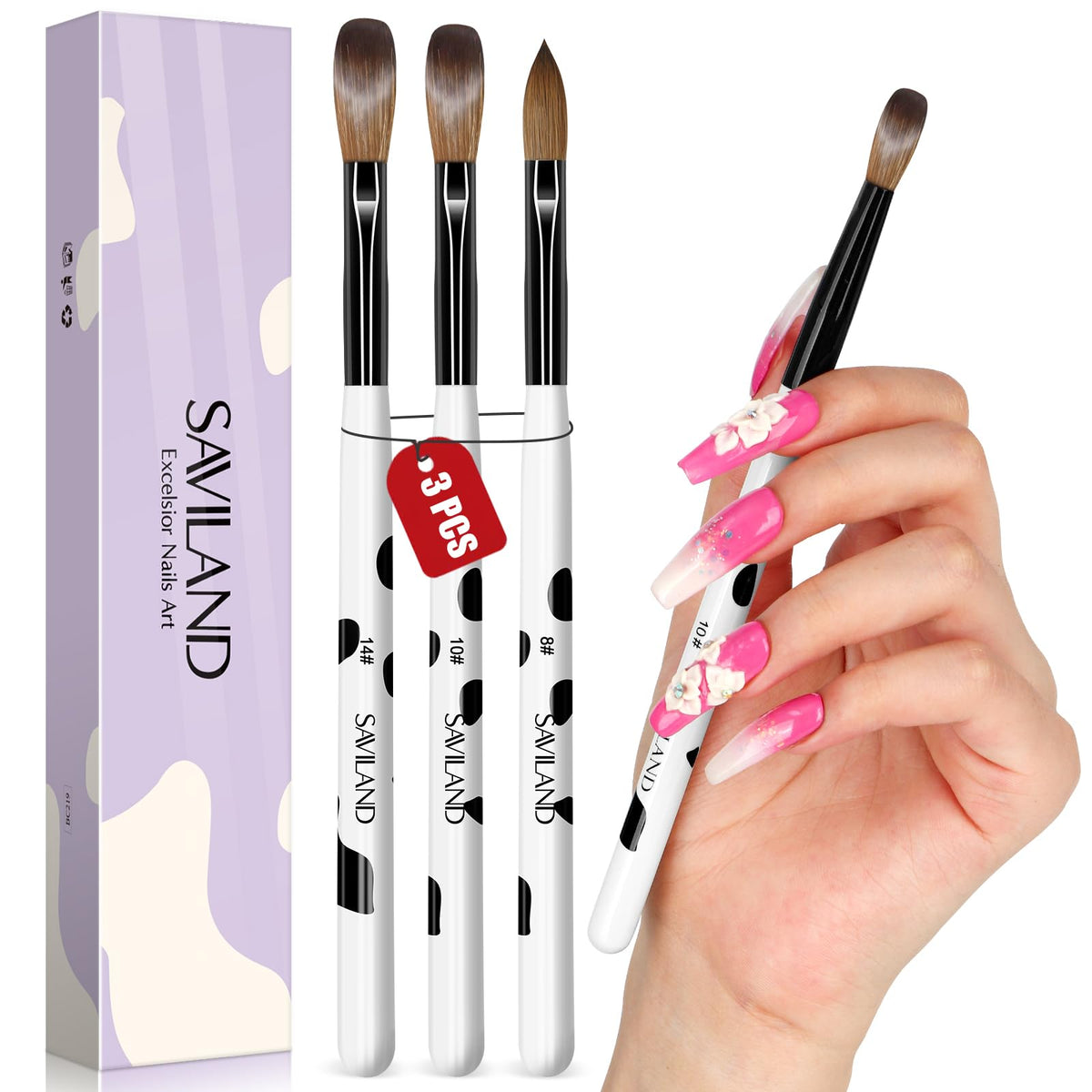 SAVILAND 3PCS Acrylic Nail Brush Set Size 8/10/14 Black & White | Kolinsky Acrylic Nail Brushes, for Acrylics Application, Acrylic Powder Nail Art Extension, for Beginner & Professional