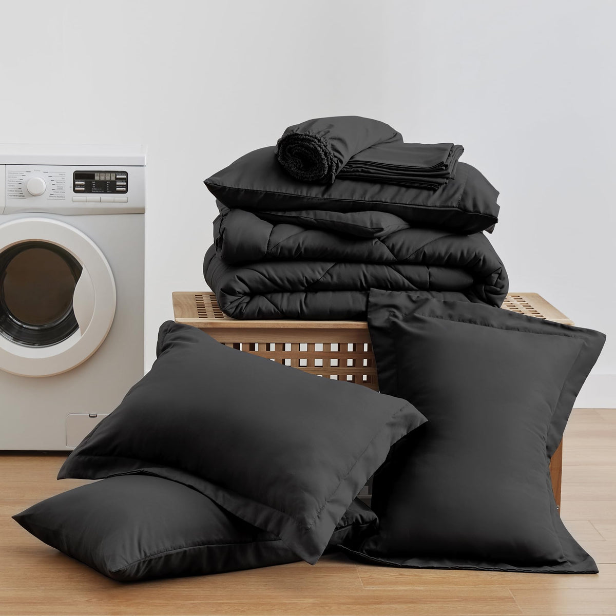 Love's cabin King Size Comforter Set, 7 Pieces Bed in a Bag, Black | OEKO-TEX Certified, All-Season, 1 Down-Alternative Comforter + 1 Flat & Fitted Sheets + 2 Pillowcases + 2 Pillow Shams