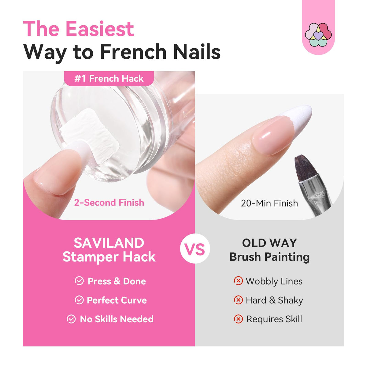SAVILAND French Tip Tool Silicone Nail Stamper 4PCS | Long & Short Silicone Nail Stamp with Scrapers, Fast Easy French Nails, Nail Stuff for French Manicure Home DIY Salon