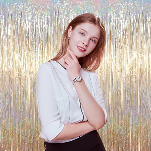 Voircoloria Champagne Foil Fringe Backdrop Curtains, 3.3x6.6ft, 3pcs | Tinsel Streamers, Birthday Party Decorations, Baby Shower, Gender Reveal, Graduation