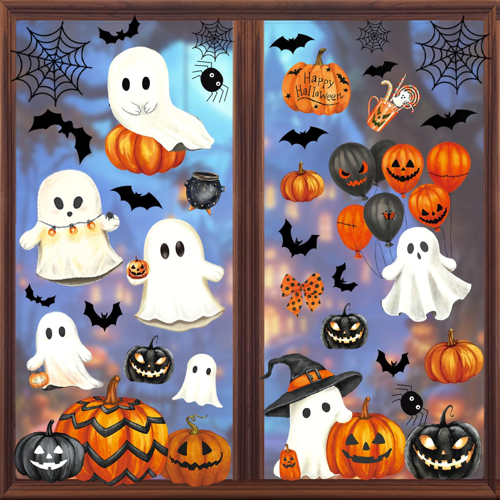 Halloween Window Clings Stickers Decor Fall Halloween Decorations Indoor | 8 Sheets Large Ghost Pumpkin Window Clings for Glass Windows & Doors, Holiday Window Decals for Home Office Classroom Parties