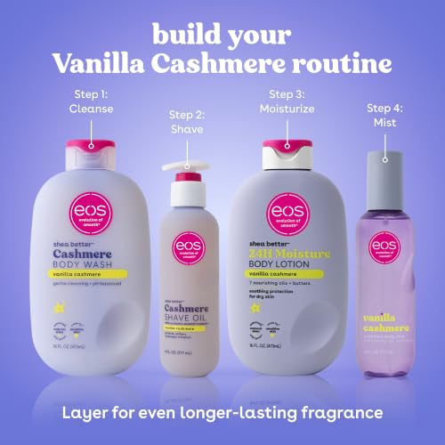 eos Vanilla Cashmere Shave Oil- Moisturizing Natural Shea Butter, 6 fl oz | Blend of Shea, Cocoa, & Argan Butters & Oils, Nourishing Formula to Minimize Irritation, 100% Vegan & Cruelty-Free