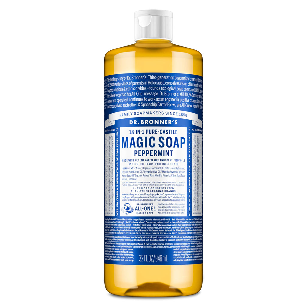 Dr. Bronner's Peppermint Pure-Castile Liquid Soap, Hand Soap, 32 oz | 18-in-1 Uses: Body Wash & Hand Soap for Men and Women, Shampoo, Face, Laundry, Floors, Cars, Pets - Fair Trade & Organic Oils
