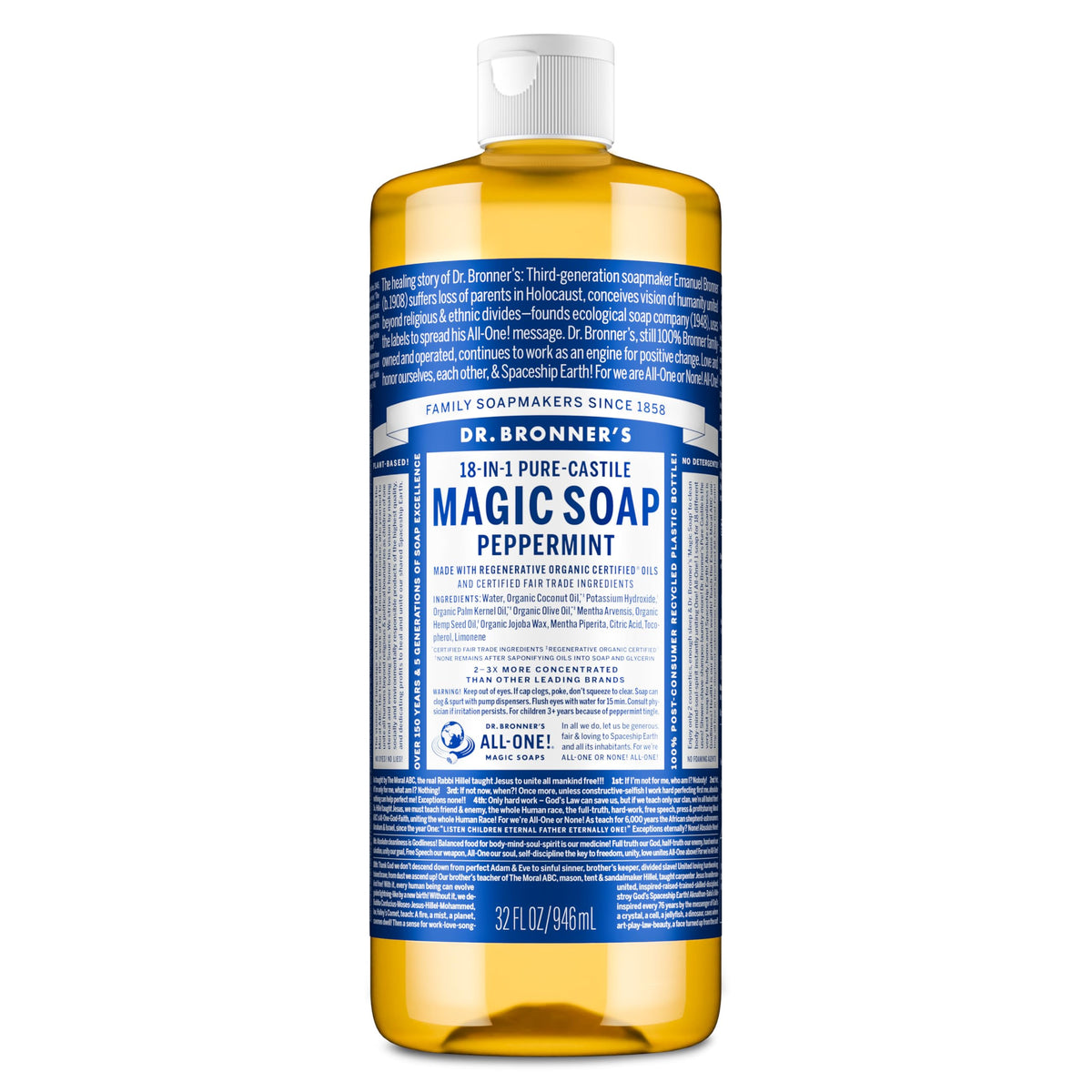 Dr. Bronner's Peppermint Pure-Castile Liquid Soap, Hand Soap, 32 oz | 18-in-1 Uses: Body Wash & Hand Soap for Men and Women, Shampoo, Face, Laundry, Floors, Cars, Pets - Fair Trade & Organic Oils