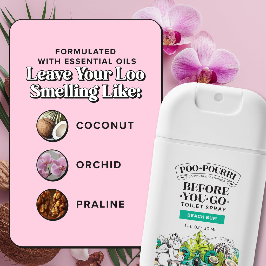 Poo-Pourri Before-You-Go Pocket Toilet Spray, Beach Bum, 1 Fl Oz | Travel Essentials On-The-Go Bathroom Odor Deodorizer with Essential Oils, Up to 50 Uses, TSA Approved, Coconut Orchid Scent
