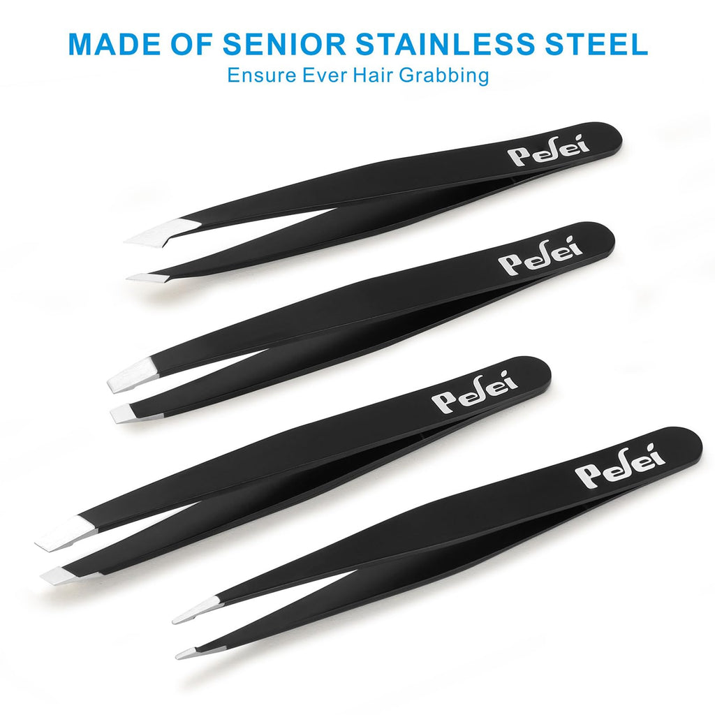 Pefei Tweezers Set - Professional Stainless Steel Tweezers for Eyebrows - Great Precision for Facial Hair, Splinter and Ingrown Hair Removal (Black)