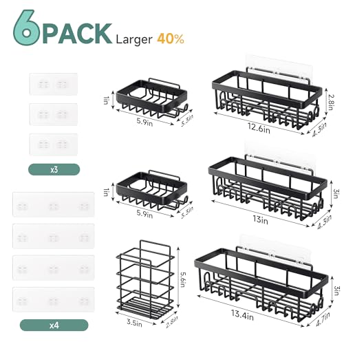 Veken Shower Caddy 6-Pack, Bathroom Organizers and Storage Shelves, Black | Advanced Rustproof Design, Large Capacity, No Drilling, Adhesive Rack with Soap Holder, Wall-Mounted Kitchen & Home Decor