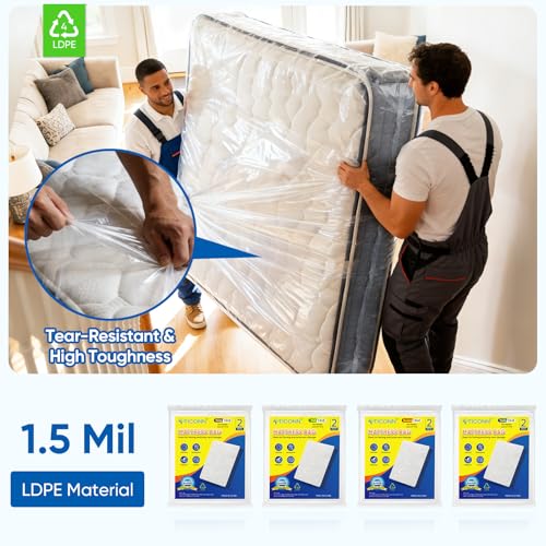 TICONN 2PK Plastic Mattress Bags for Moving, Waterproof Mattress Cover | 1.5 Mil 103"x62"x16", 3D Gusset Design, Tear Resistant & Dust Protection Mattress Protector for Moving and Storage