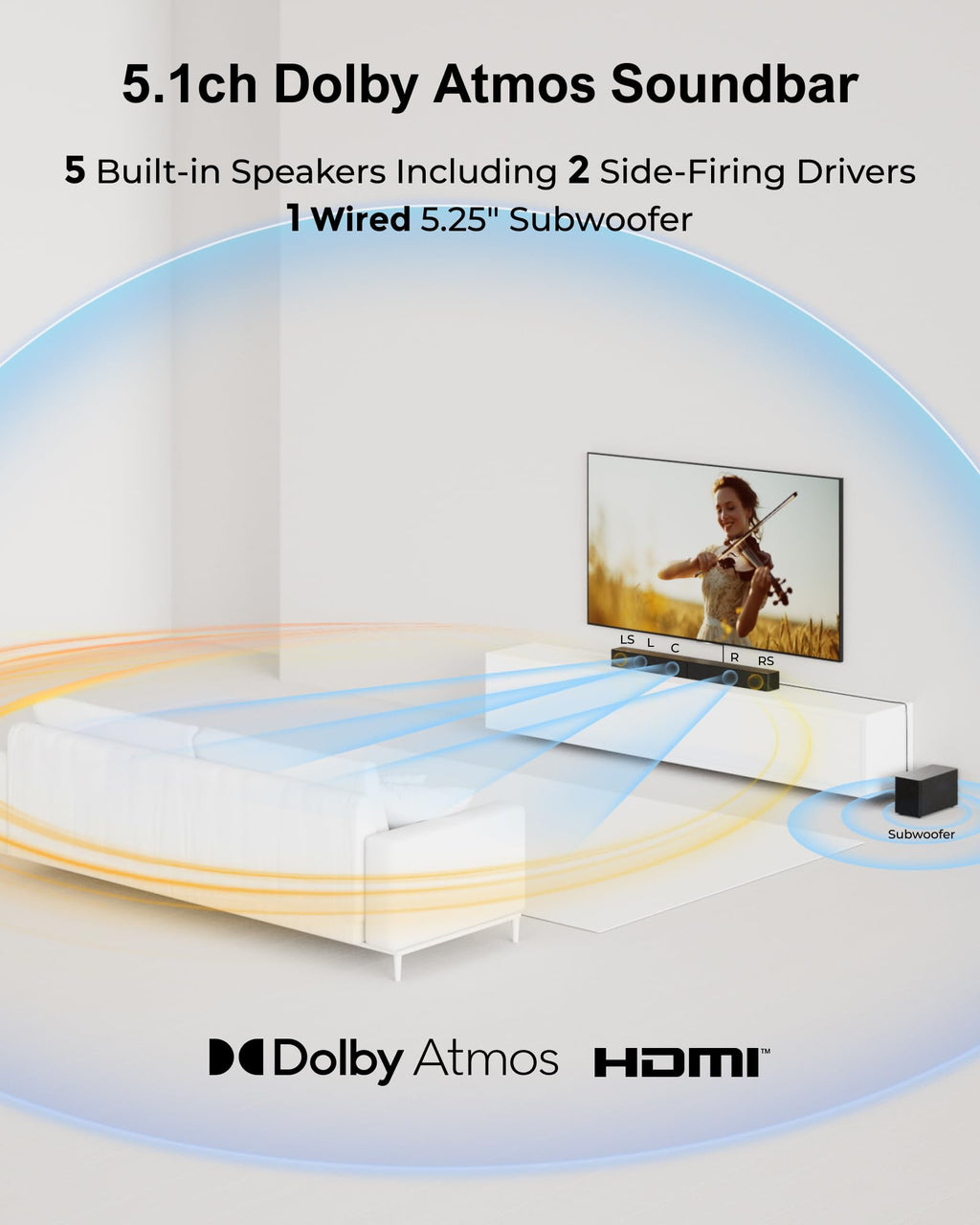ULTIMEA 5.1CH Surround Sound Bar System with Dolby Atmos, Poseidon M60 | VoiceMX, BassMX, APP, 300W Soundbar for Smart TV, Surround Sound System for TV, with Subwoofer, Bluetooth 5.4