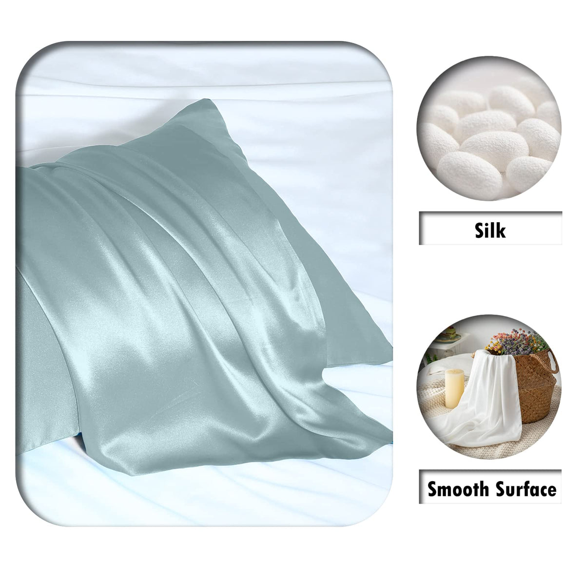 Suatien Mulberry Silk Pillowcase for Hair and Skin Standard Size, Haze Blue | Fits 20x26 Inches Pillows, Hypoallergenic, Smooth, Cooling Pillow Covers for Hot Sleepers with Hidden Zipper, Women Men Gift