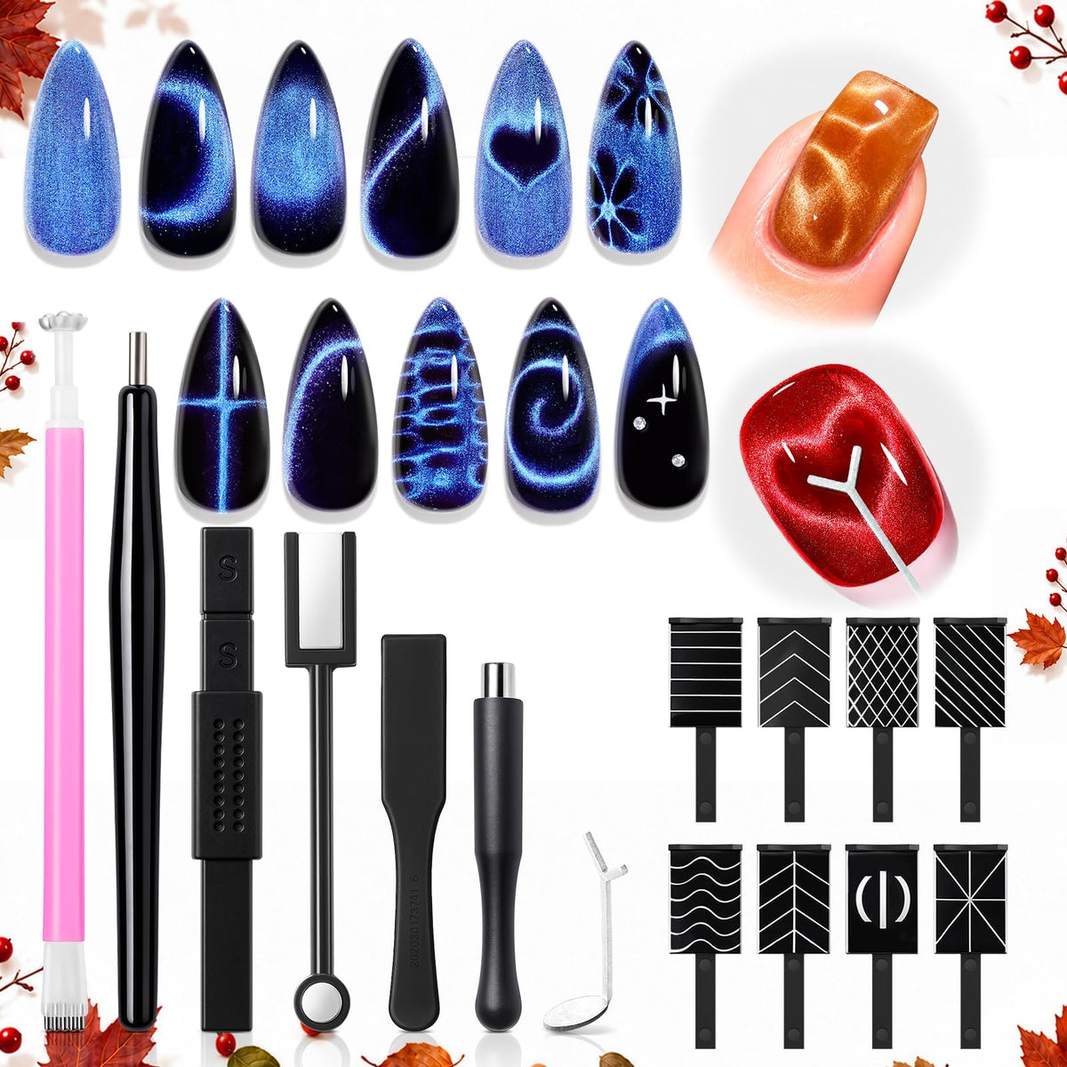 modelones Cat Eye Magnet 15PCS Brown Cat Eye Gel Polish Nail Stuff, Multi-shape Heart Moon Flower Square Effects with Bead-Attracting Nail Art Tool, UV/LED Lamp Required, DIY Halloween Nail Art