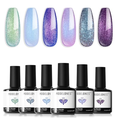 modelones Gel Nail Polish Set Glitter Chameleon 6Colors Blue Green Purple