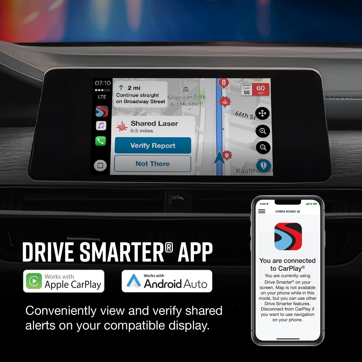 Cobra RAD 480i Laser Radar Detector, Long Range Detection, Bluetooth, Black | Apple CarPlay and Android Auto Compatible, LaserEye Front and Rear Detection, Digital Signal Processing