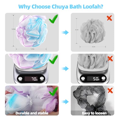 Chuya Bath Loofah Sponges 70 Grams Large Size,4 Pack Shower Sponge | Exfoliating Cleaning Bath Loofa Body Scrubber Balls for Women Men Children Washing