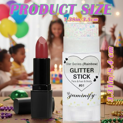 Paminify Rainbow White Hair Glitter Stick for Kids,Halloween Mermaid Costume Body Face Glitter, Singer Concert Cosplay Glitter Makeup,Waterproof Sequins Rave Outfit for Women,Mardi Gras Accessories