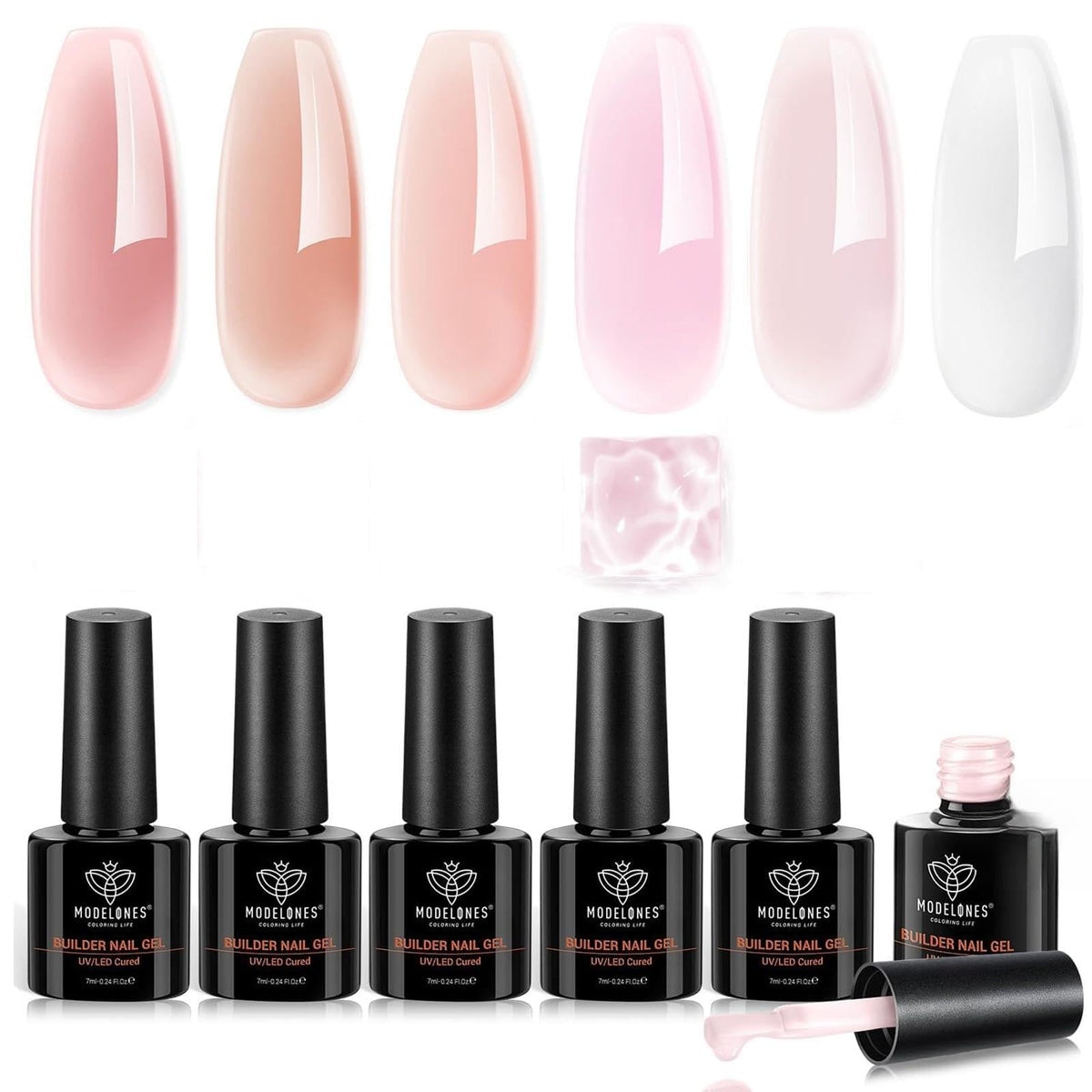 modelones Builder Nail Gel, Builder for Nails Jelly Nude Pink 6 Colors | Fall Hard Strengthener Rubber Base Gel Polish 8-in-One Extension LED Nail Lamp Cured