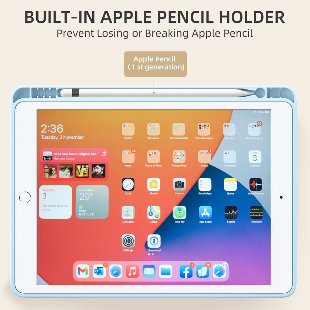 Akkerds for iPad 9th/8th/7th Generation Case 10.2 Inch, Sky Blue | With Pencil Holder, for iPad 10.2 Case 2021/2020/2019, Soft TPU Back, Slim Trifold Stand Protective Cover, Auto Sleep/Wake