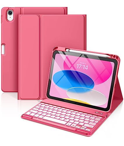 Hamile for iPad A16 11th 10th Generation Case with Keyboard - Wireless | Backlit Detachable Folio Keyboard Cover, Pencil Holder, for iPad A16 11-inch 2025 10th Generation 10.9 Inch 2022, Pink