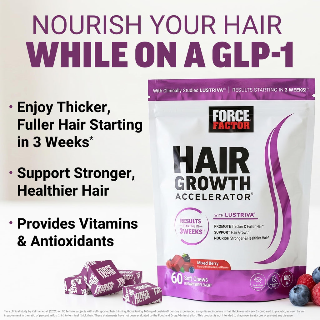 Force Factor Hair Growth Accelerator Soft Chews with Lustriva | Hair Growth Vitamins for Women & Men with Clinically Studied Lustriva & Biotin for Thicker, Fuller Hair, 60 Soft Chews