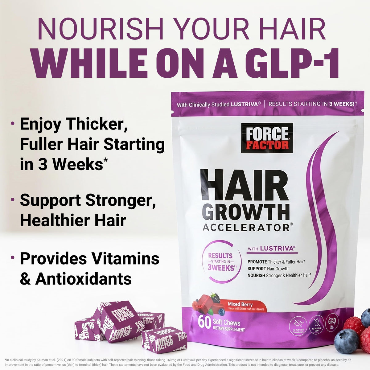 Force Factor Hair Growth Accelerator Soft Chews with Lustriva | Hair Growth Vitamins for Women & Men with Clinically Studied Lustriva & Biotin for Thicker, Fuller Hair, 60 Soft Chews