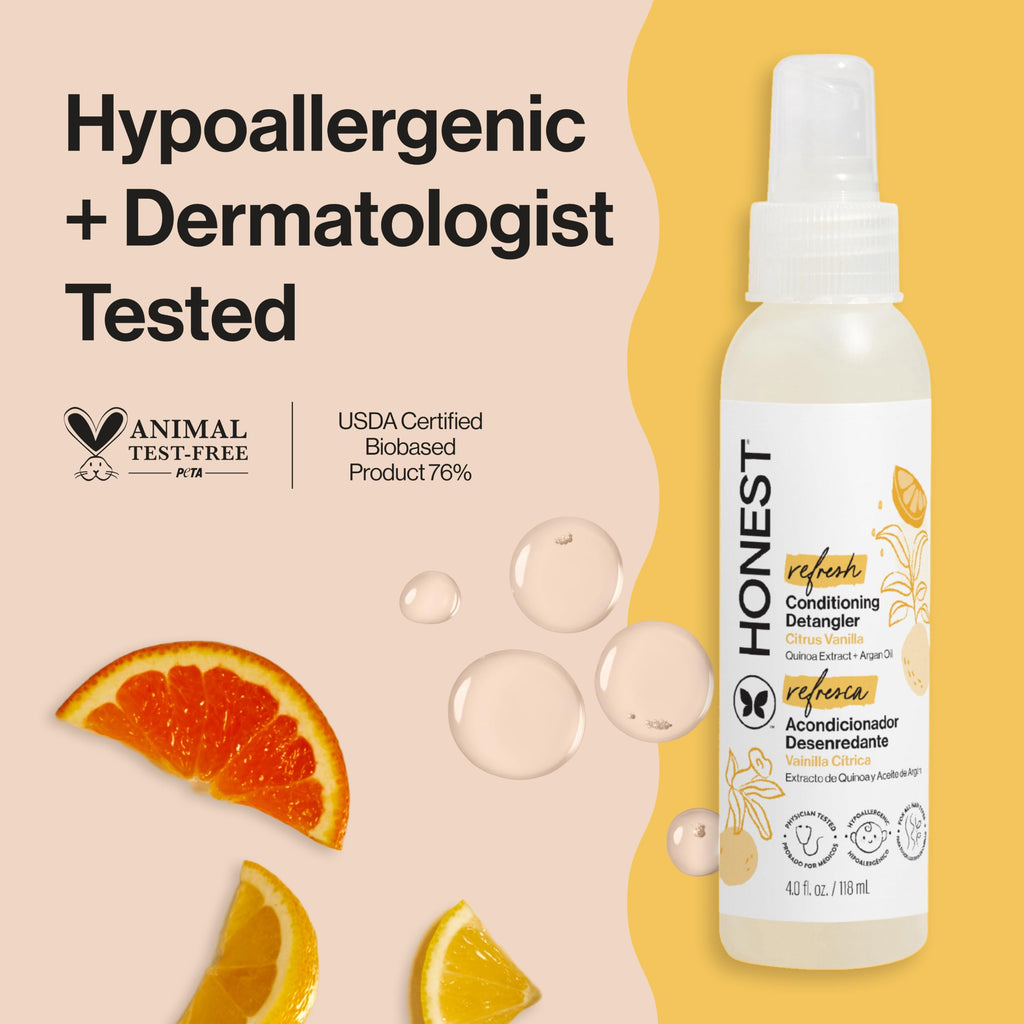 The Honest Company Hair Detangler, Citrus Vanilla Refresh, 4 fl oz | Leave-In Conditioner & Detangler Spray, 4 Fl Oz. Tear-Free, Hypoallergenic. Gentle For Baby's Sensitive Skin.