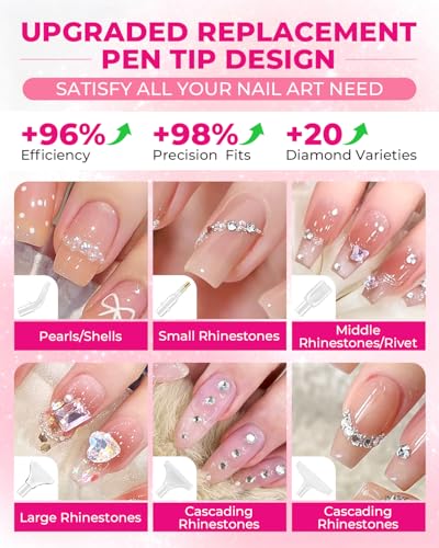 Rhinestone Picker Tool Kit: 2Pcs Rhinestone Picker Handle, Dual-Ended Rhinestones Applicator Dotting Pen with 12 Upgraded Plastic Replacement Tips, Clay, Bedazzling Tools for Nail Art Craft (Pink)