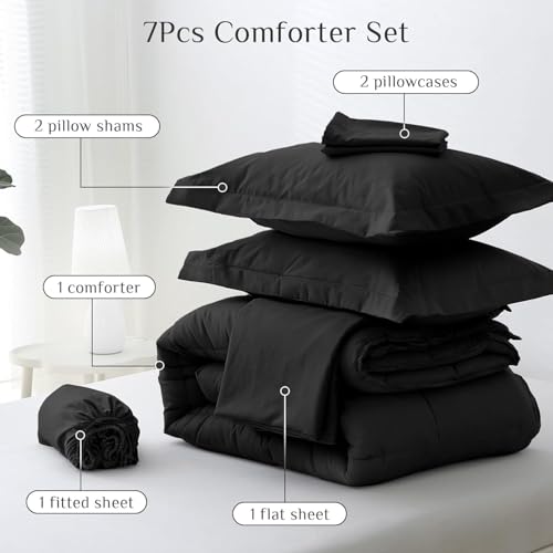 JOLLYVOGUE Queen Comforter Set, Ultra-Soft Bed in a Bag Queen Size 7 Pieces, Oeko-TEX Certified Bedding Set with Down Alternative Comforter, Sheets, Pillowcases & Shams, Black