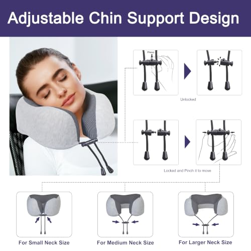 napfun Neck Pillow for Traveling, Upgraded Travel Neck Pillow for Airplane 100% Pure Memory Foam Travel Pillow for Flight Headrest Sleep, Portable Plane Accessories, Light Grey