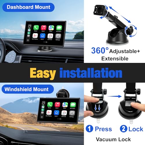 Carplay Screen for Car, 7 inch Wireless Carplay & Android Auto（Black） | Portable Touchscreen car play with Mirror Link，Bluetooth，Voice Control，Map Navigation，FM Transmit，Plug-and-Play car stereo