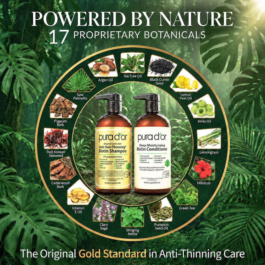 PURA D'OR Gold Label Anti-Thinning Biotin Shampoo & Conditioner, 16oz x2 | Thicker-Looking Hair, Clinically Tested, Botanical Extracts, Aloe Vera Base, Men & Women, Sulfate-Free, Natural Earthy Scent