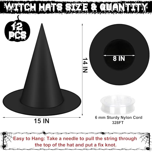 12 PCS Halloween Witch Hats, Black Hanging Witch Hats Porch Yard Decor | Witch Costume Accessories Witches Hat with 328 FT Nylon Cord Wizard Hats Indoor Outdoor Halloween Decorations