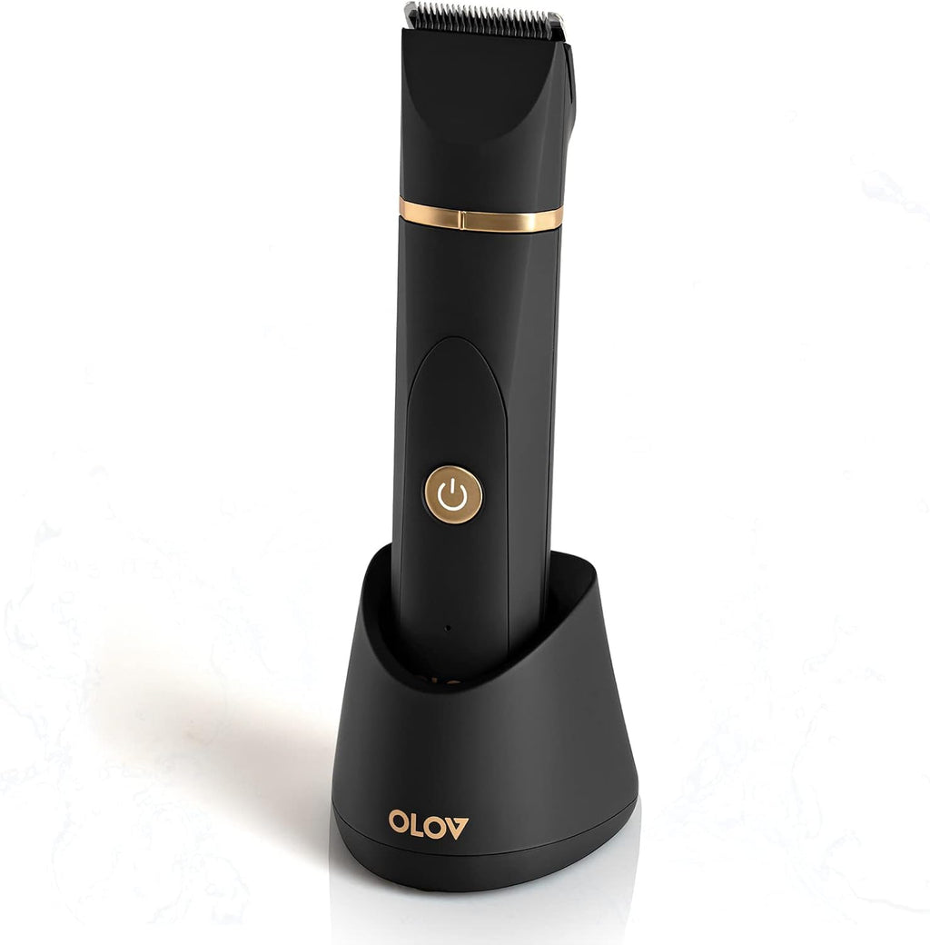 OLOV Electric Body Hair Trimmer - Groin Trimmer for Men - Bikini Trimmer Women - Wet/Dry Shaver Groomer, Replaceable Ceramic Blade Heads, USB Recharge Dock, Waterproof Hygiene Razor,Black