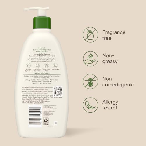 Aveeno Daily Moisturizing Body Lotion, Fragrance-Free, 18 fl. oz | Daily Moisturizing Body Lotion for Normal to Dry Skin, Soothing Prebiotic Oat, Non-Greasy Formula, Non-Comedogenic