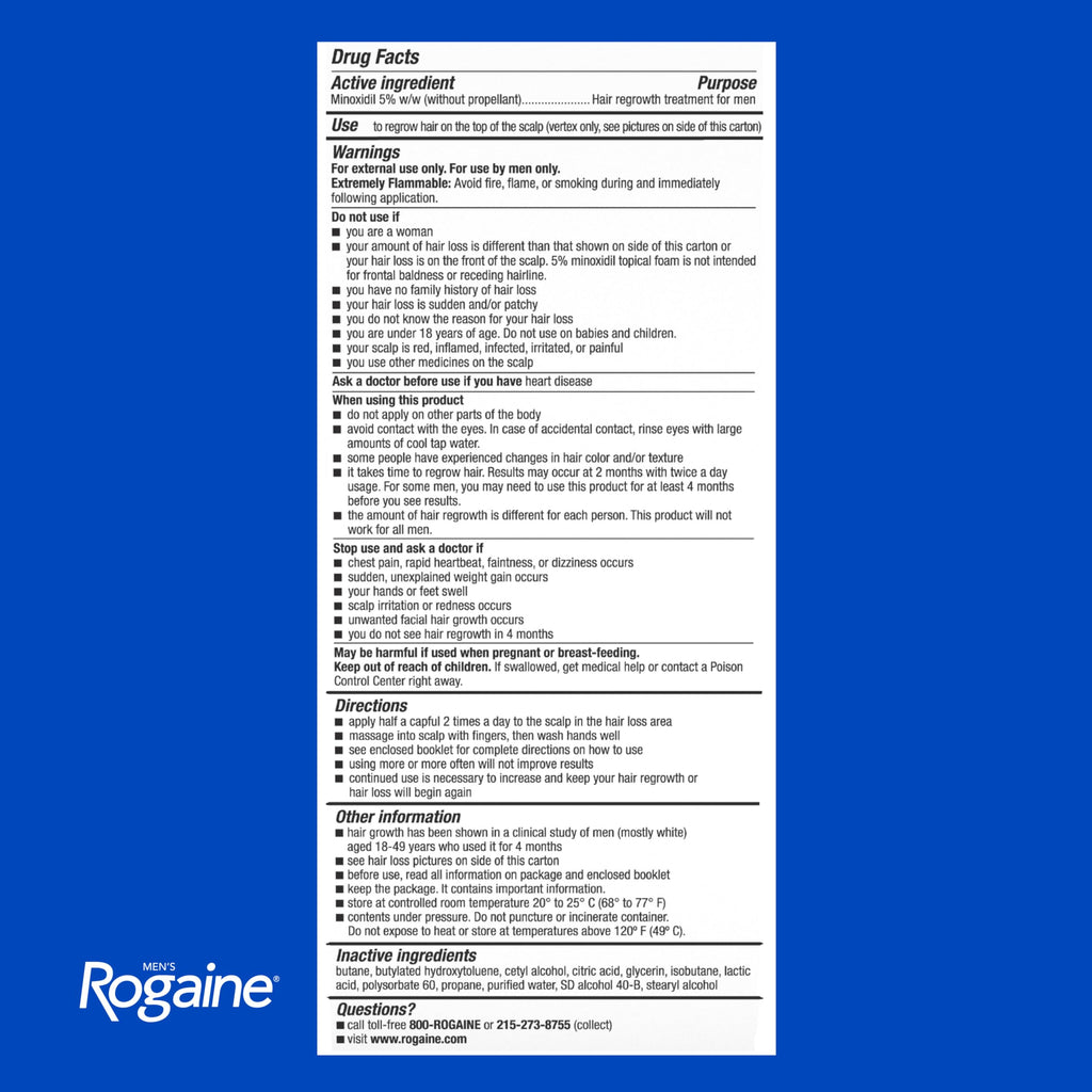 Men's Rogaine 5% Minoxidil Topical Foam, Unscented, 3 x 2.11 oz | Hair Regrowth Foam, Topical Hair Loss Treatment for Men, Regrow Fuller, Thicker Hair, Unscented, Aerosol, 3-Month Supply