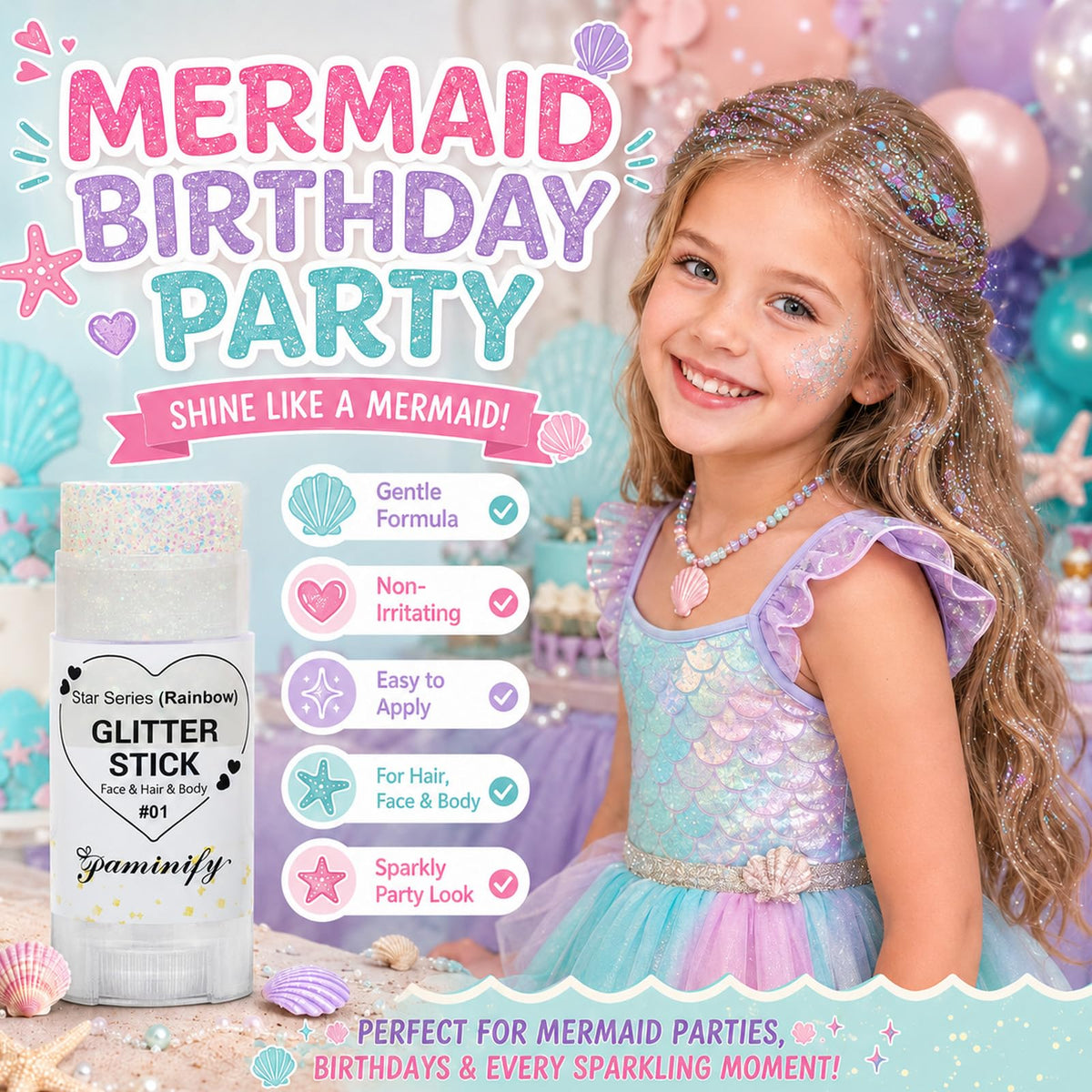 Paminify Rainbow White Hair Glitter Stick for Kids,Halloween Mermaid Costume Body Face Glitter, Singer Concert Cosplay Glitter Makeup,Waterproof Sequins Rave Outfit for Women,Mardi Gras Accessories