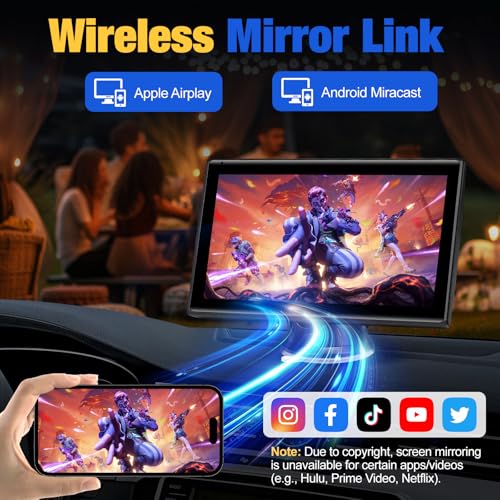 Carplay Screen for Car, 7 inch Wireless Carplay & Android Auto（Black） | Portable Touchscreen car play with Mirror Link，Bluetooth，Voice Control，Map Navigation，FM Transmit，Plug-and-Play car stereo