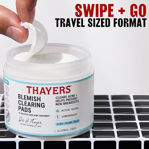 THAYERS Blemish Clearing Acne Pads, Salicylic Acid Acne Treatment, 60 Ct | Pore Reducing, Exfoliating, and Soothing Skincare, Witch Hazel Toner Pads, Help Prevent New Breakouts, Alcohol & Paraben Free