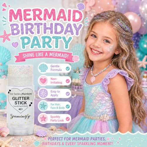 Paminify Rainbow White Hair Glitter Stick for Kids,Halloween Mermaid Costume Body Face Glitter, Singer Concert Cosplay Glitter Makeup,Waterproof Sequins Rave Outfit for Women,Mardi Gras Accessories