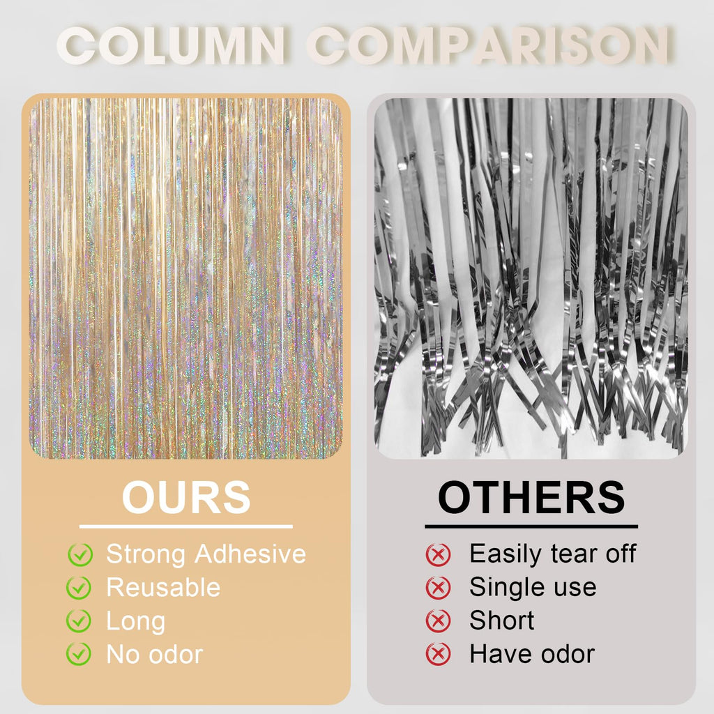 Voircoloria Champagne Foil Fringe Backdrop Curtains, 3.3x6.6ft, 3pcs | Tinsel Streamers, Birthday Party Decorations, Baby Shower, Gender Reveal, Graduation