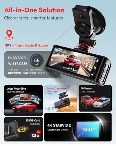 REDTIGER 4K STARVIS 2 Dashcam Front Rear, 5GHz WiFi 20MB/s, Free 128GB Card | Voice Control, Touch Screen, GPS, Loop Recording, Parking Mode, Audio Recording, WDR Night Vision, Supercapacitor(F7N Touch)
