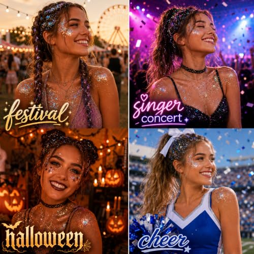 Paminify Rainbow White Hair Glitter Stick for Kids,Halloween Mermaid Costume Body Face Glitter, Singer Concert Cosplay Glitter Makeup,Waterproof Sequins Rave Outfit for Women,Mardi Gras Accessories