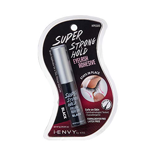 i•ENVY Super Strong Hold Eyelash Adhesive, Waterproof, 48-Hour Long-Lasting Lash Glue, Latex-Free, Hypoallergenic, Quick-Drying with Brush-On Applicator for Strip Lashes (Black, 1 Pack)