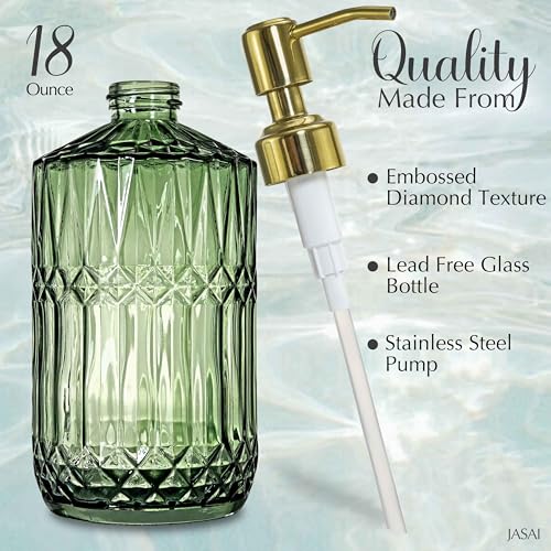JASAI 18Oz Green Glass Soap Dispenser with Gold Rust Proof Pump