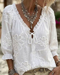 👚V-Neck Ruffled Sleeves Jacquard Blouse