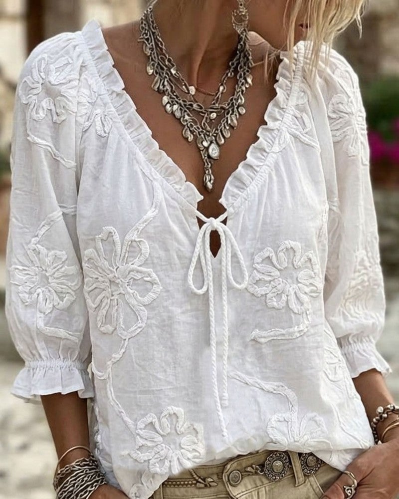 👚V-Neck Ruffled Sleeves Jacquard Blouse